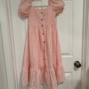 SHEIN Pink Eyelet Kids Dress with Puff Sleeves